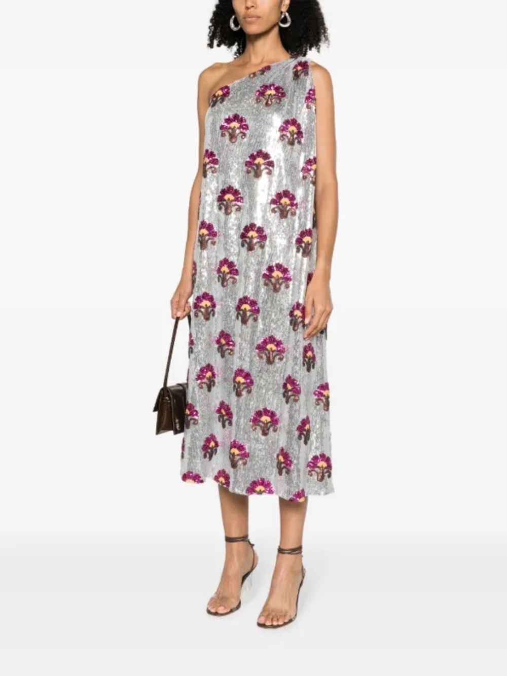 LA DoubleJ Silver Sequin One-Shoulder Dress with Fuchsia Floral Motifs